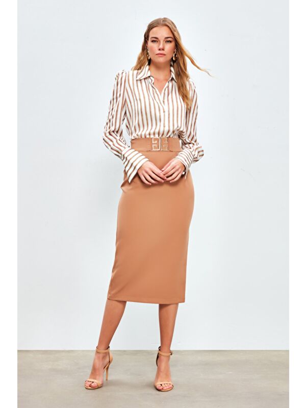 SATEEN Aksesuar Detaylı Kalem Etek - Camel