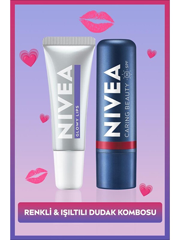 NIVEA SPF30 Kırmızı Renkli Dudak Bakım Kremi ve Nemlendirici Dudak Parlatıcısı, Işıltılı Dudak Kombosu
