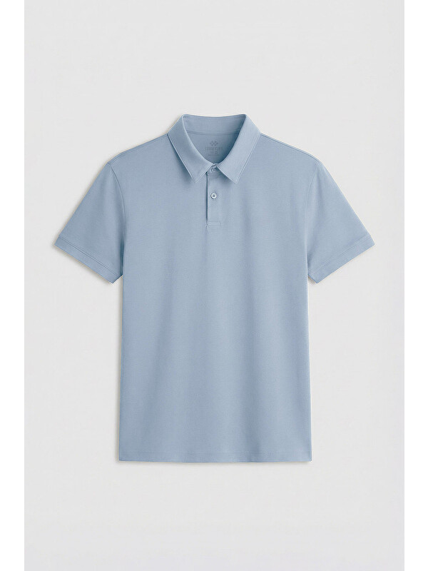Tommylife Buz Mavi Basic Göğüs Logolu Standart Kalıp Triko Polo Yaka Erkek Tişört - 87768