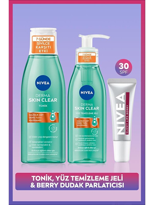 NIVEA Derma Skin Clear 7 Günde Sivilce Karşıtı Tonik, Yüz Temizleme Jeli ve Berry Renkli Dudak Parlatıcı
