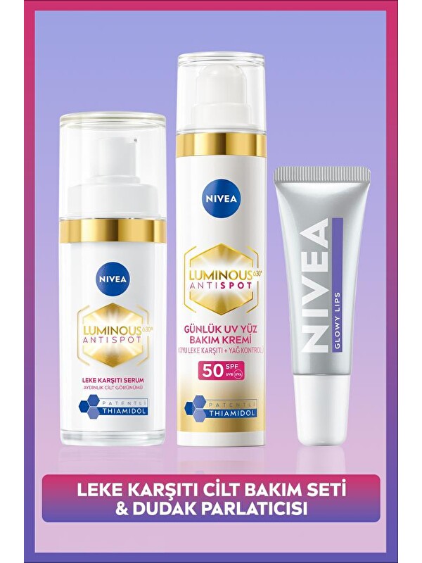 NIVEA SPF50 Luminous630 Leke Karşıtı Gündüz Yüz Kremi, Cilt Serumu ve Nemlendirici Dudak Parlatıcısı