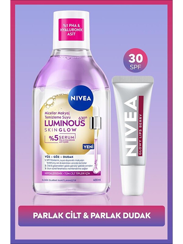 NIVEA Luminous630 Skin Glow Makyaj Temizleme Suyu 400ml ve Berry Renkli Nemlendirici Dudak Kremi