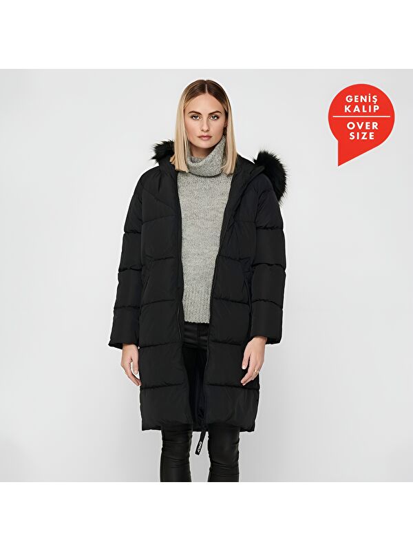 Only Monica Long Puffer Coat Kadın Siyah Kapüşonlu Mont