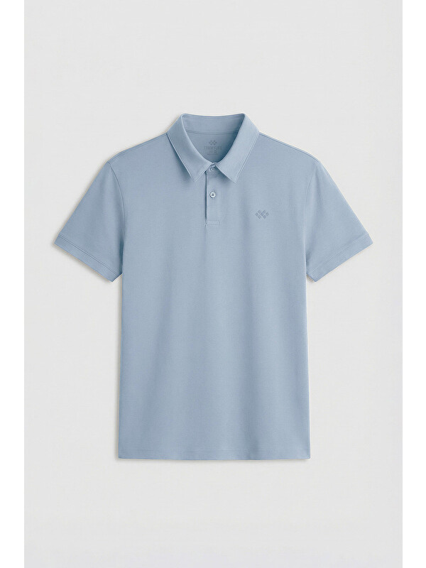 Tommylife Buz Mavi Basic Logolu Standart Kalıp Triko Polo Yaka Erkek Tişört - 87748