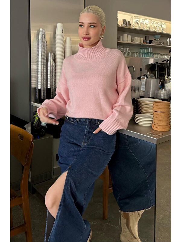 Madmext Pembe Boğazlı Kadın Triko Kazak Mg2535