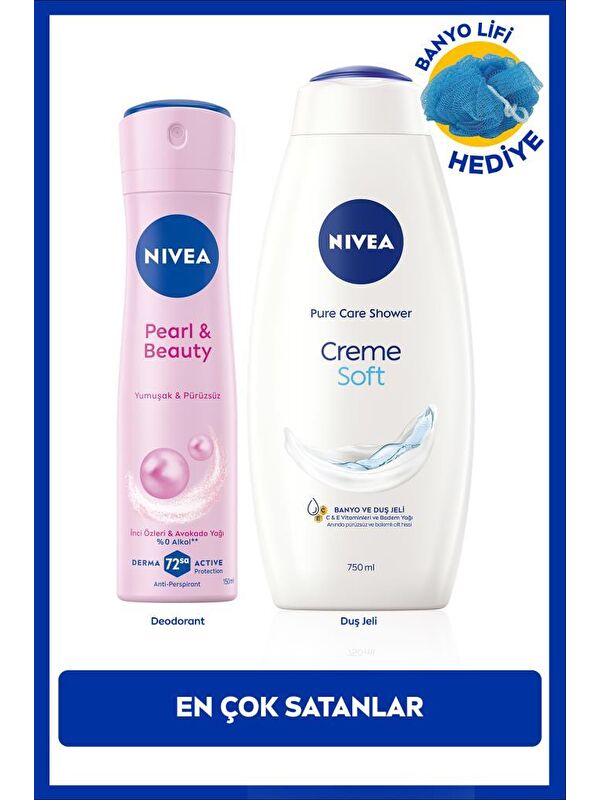 NIVEA Kadın Sprey Deodorant Pearl&Beauty 150ml ve Creme Soft Kremsi Dokunuş Duş Jeli 750ml, Lif Hediyeli