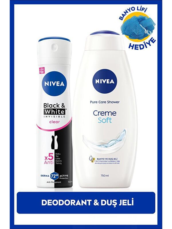 NIVEA Kadın Sprey Deodorant Black&White Invisible Clear 150ml ve Creme Soft Duş Jeli 750ml, Lif Hediyeli