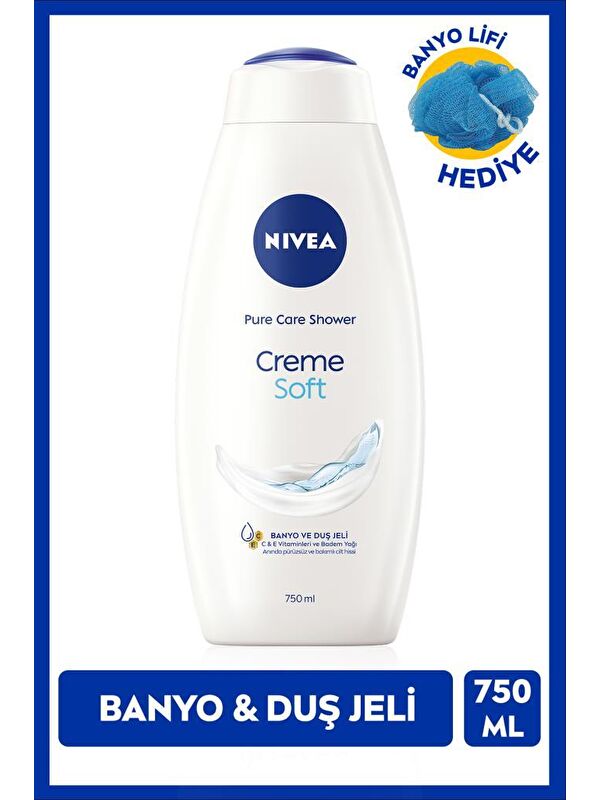 NIVEA Creme Soft Kremsi Dokunuş Duş Jeli 750ml, Badem Yağı, C Vitamini, Banyo Lifi Hediyeli, Pürüzsüz ve B