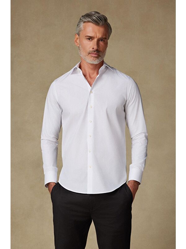 ABBATE Bb Club Oscar Poplin Pamuk Polyester Slim Fit Beyaz Klasik Yaka Erkek Düz Gömlek