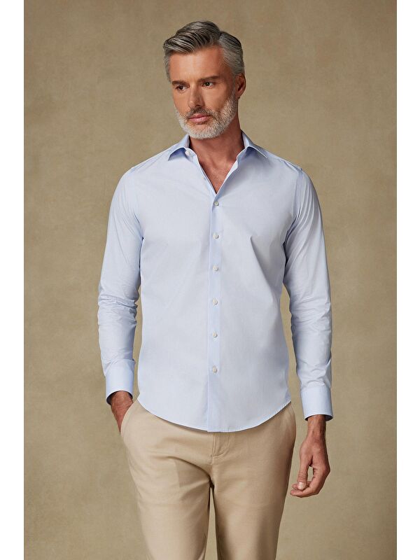 ABBATE Bb Club Oscar Poplin Pamuk Polyester Slim Fit Açık Mavi Klasik Yaka Erkek Düz Gömlek