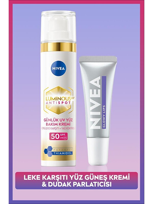 NIVEA SPF50 Güneş Koruyucu Luminous630 Leke Karşıtı Yüz Kremi ve Glowy Lips Nemlendirici Dudak Parlatıcısı