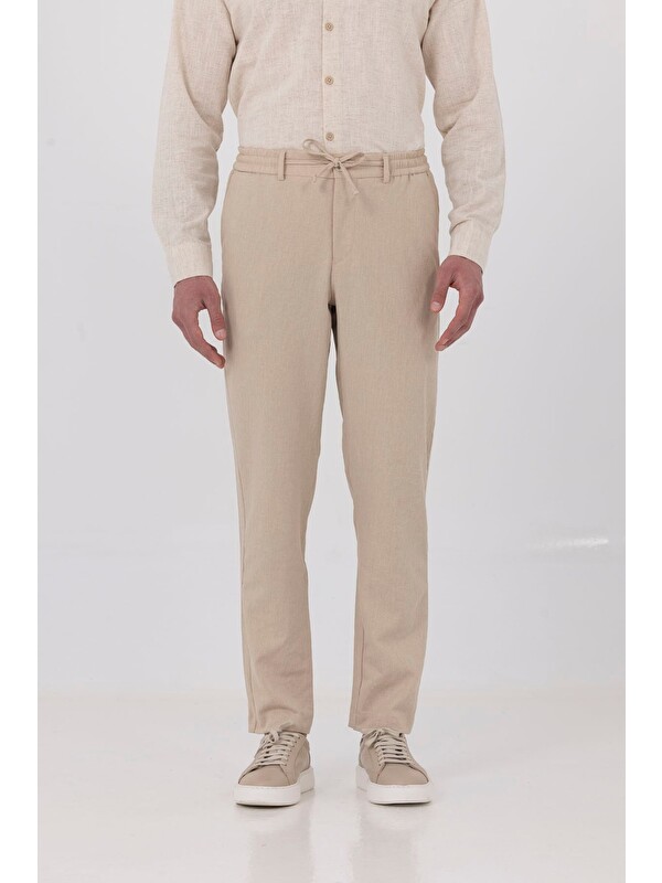 Sabri Özel Bej Keten Görünümlü Arka Lastikli Köprü Kemerli Bağcıklı Regular Fit Jogger Pantolon