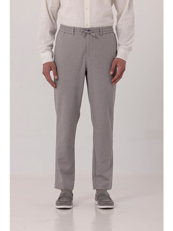 Sabri Özel Gri Keten Görünümlü Arka Lastikli Köprü Kemerli Bağcıklı Regular Fit Jogger Pantolon