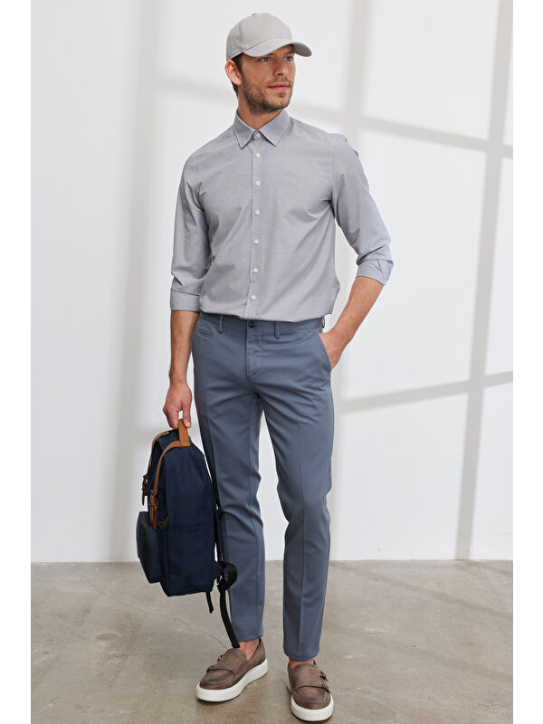 AC&Co / Altınyıldız Classics Erkek Petrol Slim Fit Dar Kesim Yan Cepli Pamuklu Esnek Armürlü Pantolon