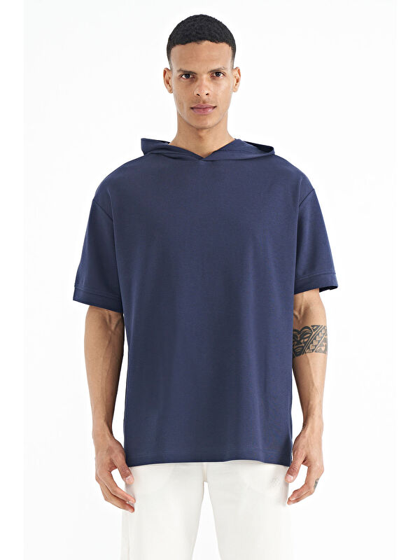 Tommylife İndigo Kapüşonlu Kol Etiket Detaylı Oversize Erkek Tişört - 88179