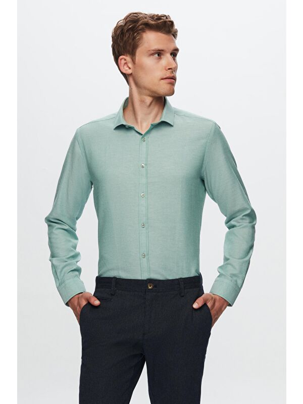 D'S damat Slim Fit Yeşil Oxford Gömlek