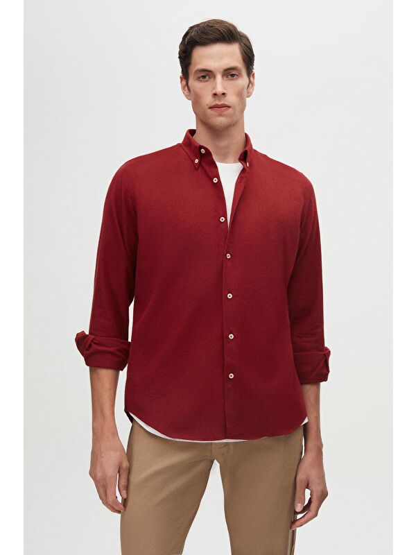 D'S damat Regular Fit Bordo Düz Kışlık Flanel Gömlek