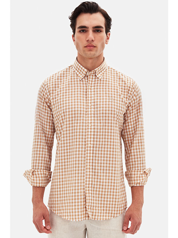 D'S damat Slim Fit Camel Kareli Ekoseli Gömlek