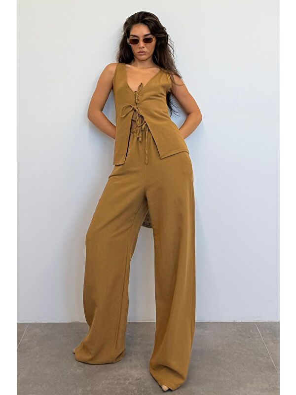 Madmext Camel Önü Bağlamalı Yelek Pantolon Kadın Takım Mg2403