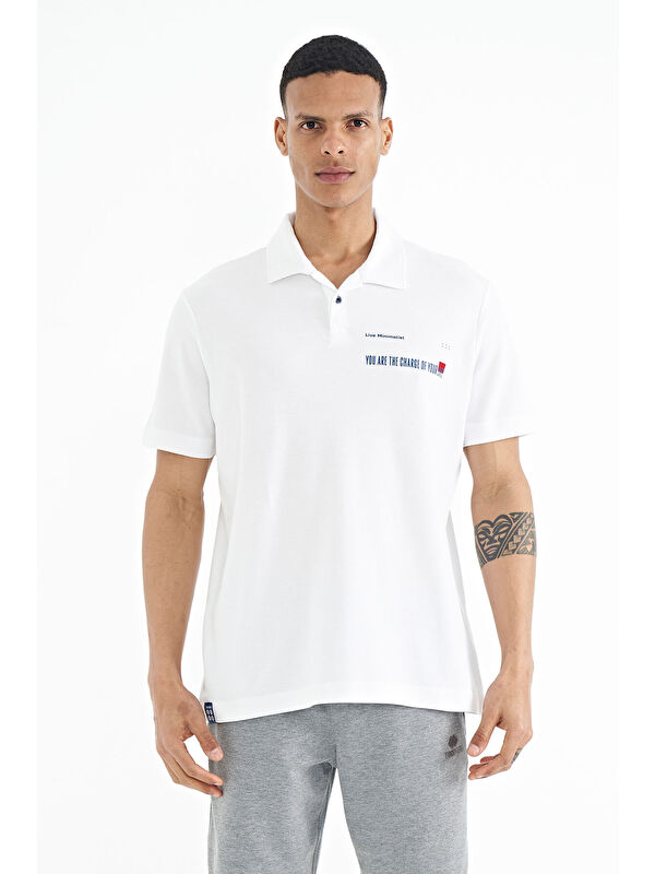 Tommylife Beyaz Yazı Baskılı Standart Form Polo Yaka Erkek %100 Pamuk Tişört - 88236