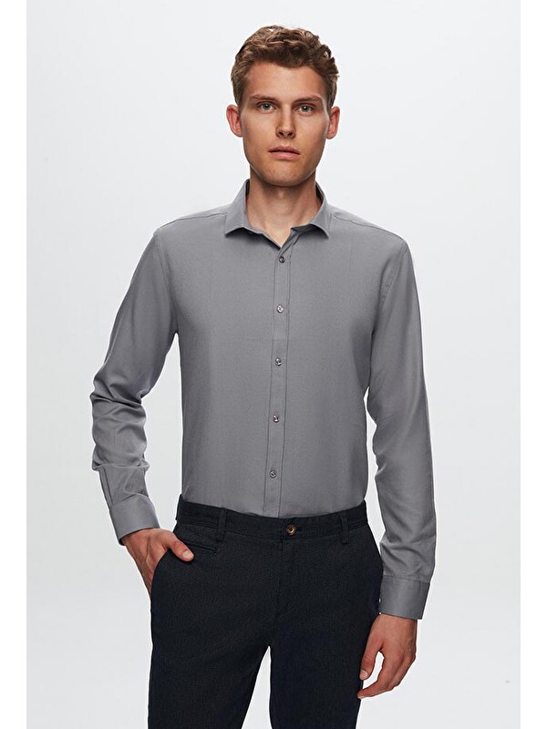 D'S damat Slim Fit Gri Oxford Gömlek