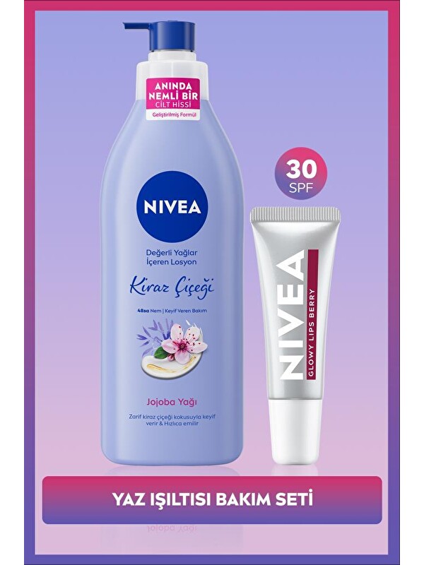 NIVEA Kiraz Çiçeği Nemlendirici Vücut Bakım Losyonu 400ml ve Berry Renkli Nemlendirici Dudak Parlatıcısı