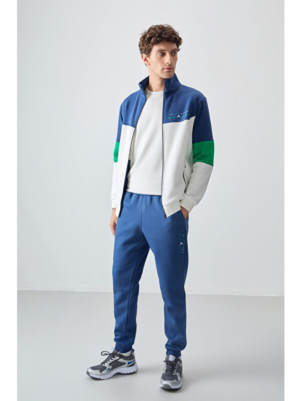 Tommylife Ekru - İndigo Dik Yaka  Renk Geçişli Baskı Detaylı Standart Kalıp Erkek Eşofman Takımı  - 85186
