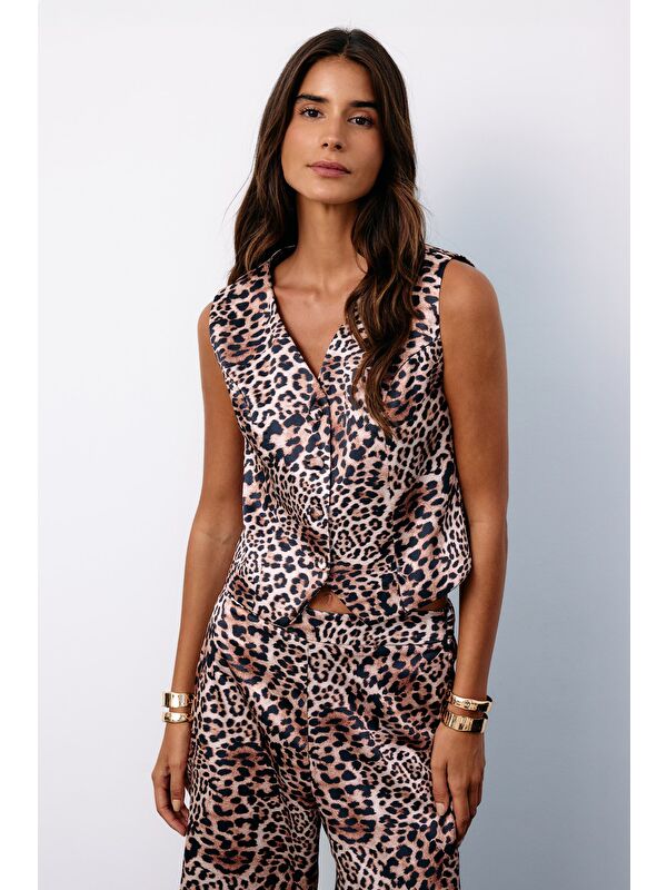 SATEEN Kruvaze Leopar Saten Yelek - Vizon