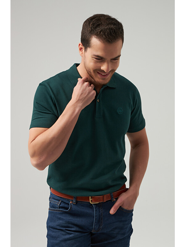 D'S damat Regular Fit Haki %100 Pamuklu Kıvrılmaz Polo Yaka Düz Tişört