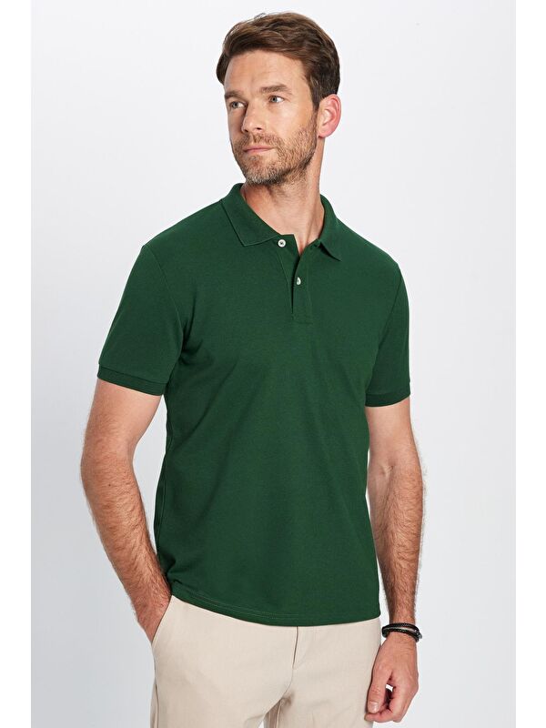 TUDORS Erkek Slim Fit Dar Kesim Pamuklu Yumuşak Dokulu Serin Tutan Kumaş Düz Pike Haki Polo Yaka Tişört