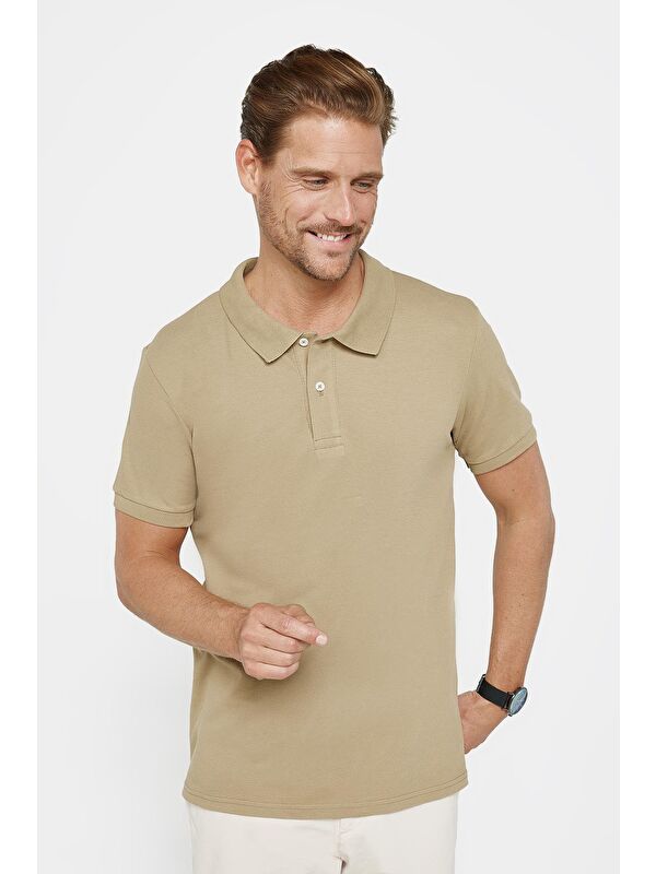 TUDORS Erkek Slim Fit Dar Kesim %100 Pamuk Düz Pike Kahverengi Polo Yaka Tişört