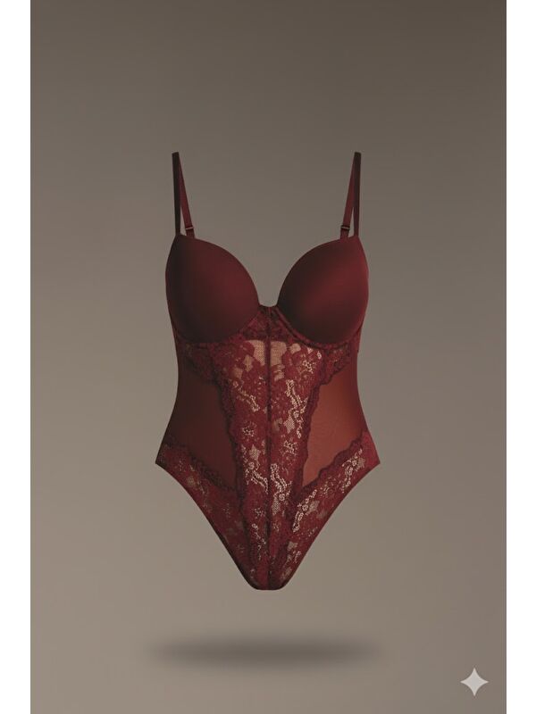 C&City Desteksiz Dantelli Çıtçıtlı Body C15080 Bordo
