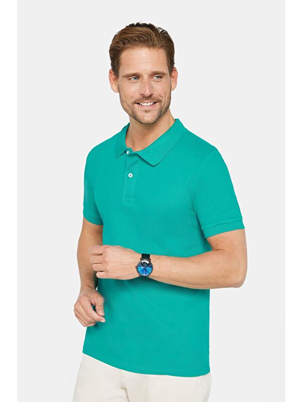 TUDORS Erkek Slim Fit Dar Kesim %100 Pamuk Düz Pike Yeşil Polo Yaka Tişört
