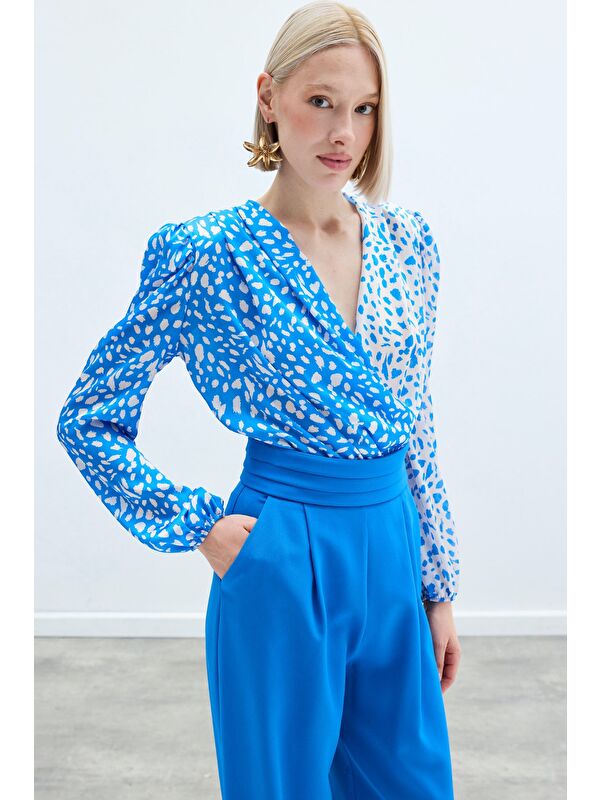 SATEEN Kruvaze Desenli Bodysuit - Ekru-Lacivert