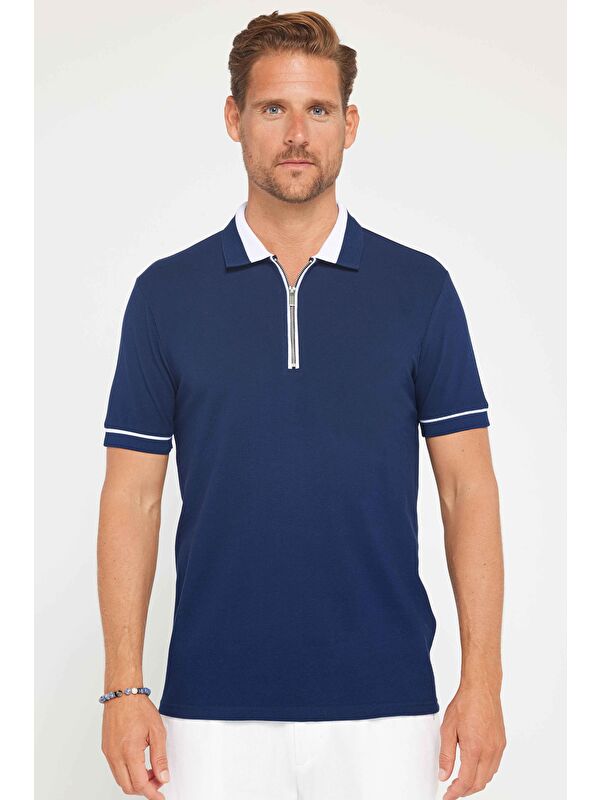 TUDORS Erkek Slim Fit Dar Kesim %100 Pamuk Düz Pike Fermuarlı Lacivert Polo Yaka Tişört