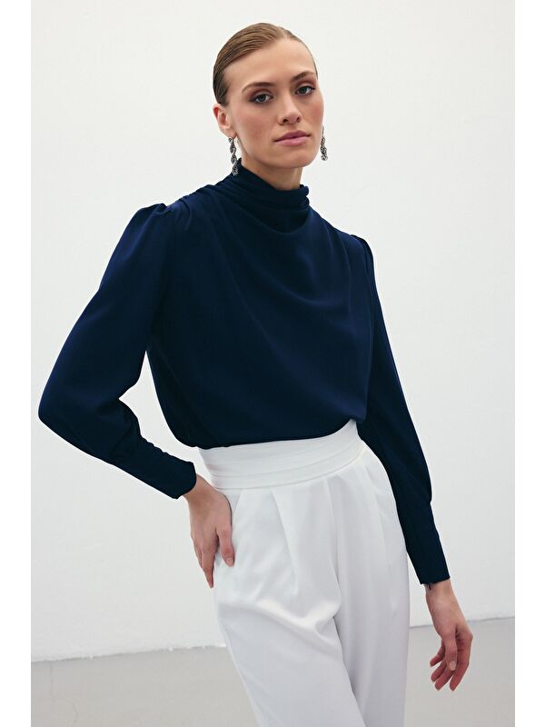 SATEEN Drape Detaylı Bluz - Lacivert