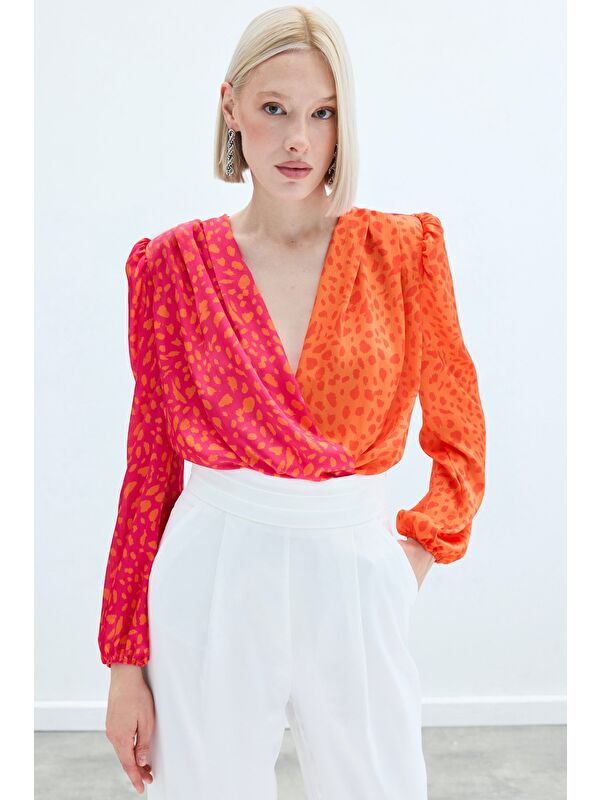 SATEEN Kruvaze Desenli Bodysuit - Oranj-Fuşya