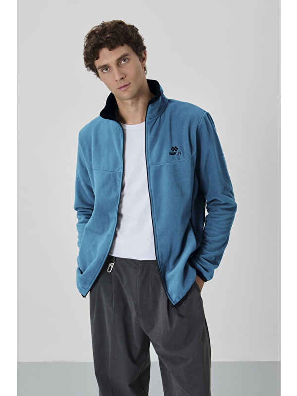Tommylife Zümrüt Yazı Nakışlı Dik Yaka  Standart Kalıp Erkek Fermuarlı Sweatshirt Hırka Polar - 87992