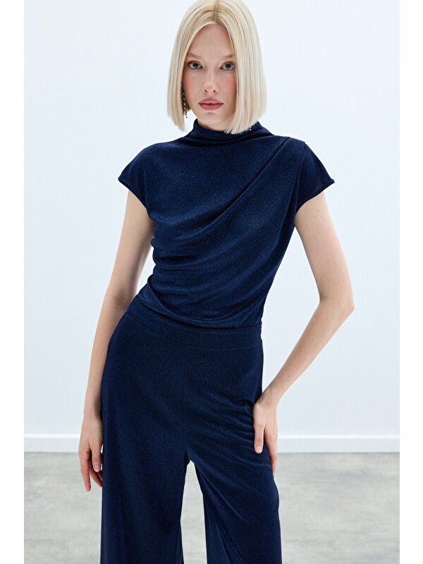 SATEEN Simli Dik Yaka Bodysuit - Lacivert