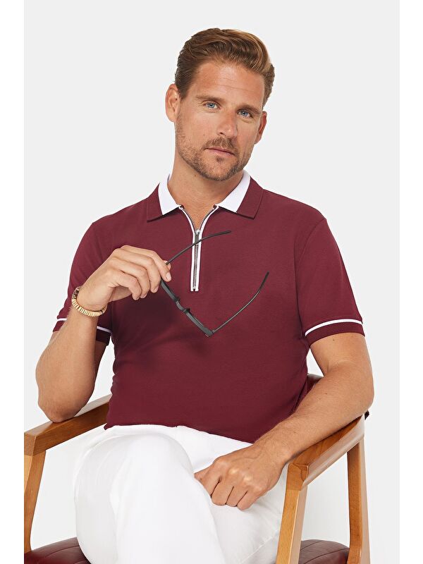 TUDORS Erkek Slim Fit Dar Kesim %100 Pamuk Düz Pike Fermuarlı Bordo Polo Yaka Tişört