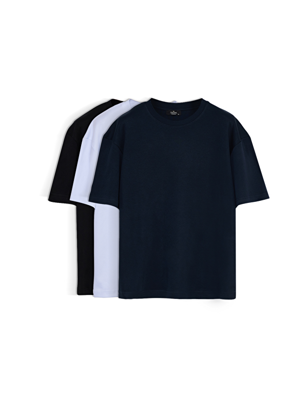 TUDORS Unisex 3'Lü Paket Lacivert-Beyaz-Siyah Oversize Geniş Kesim %100 Pamuk Basic Bisiklet Yaka Tişört