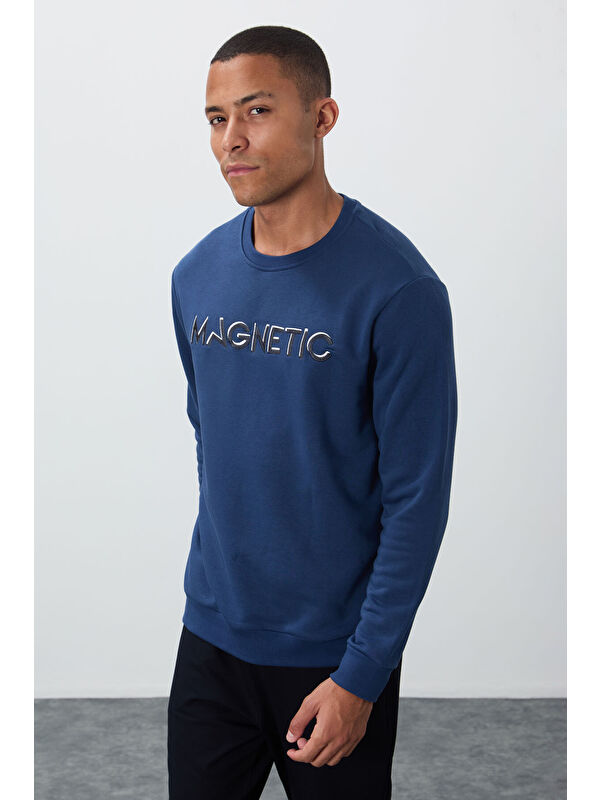 Tommylife İndigo Yazı Nakışlı Bisiklet Yaka Rahat Form Erkek Sweatshirt - 88020