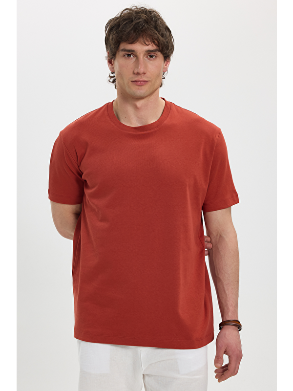 TUDORS Unisex Relax Fit Rahat Kesim %100 Pamuk Yumuşak Dokulu Hafif Kalın Kiremit Bisiklet Yaka Tişört