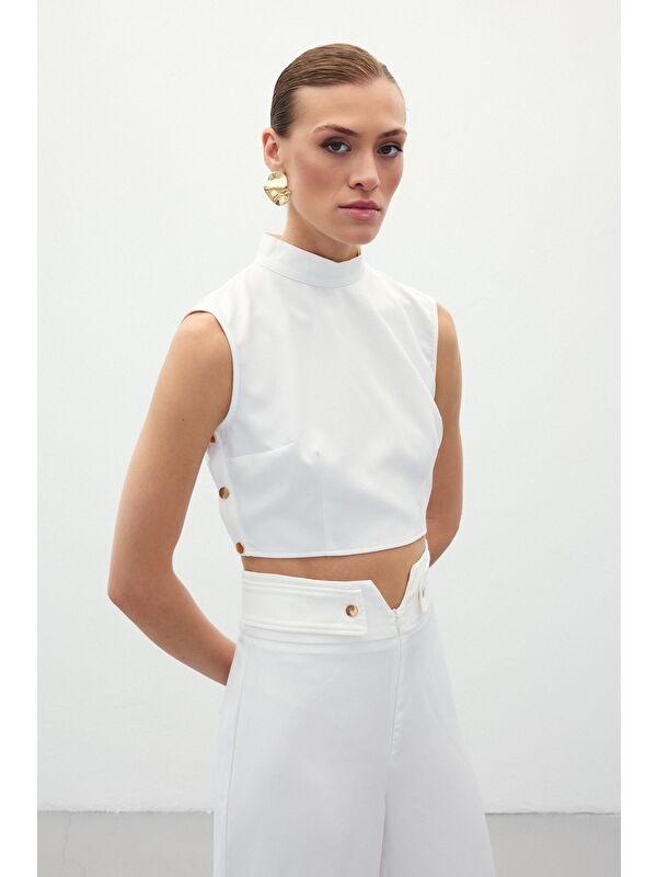 SATEEN Çıt Çıt Detaylı Crop Bluz - Ekru