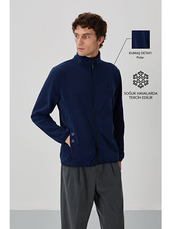 Tommylife İndigo Yazı Nakışlı Dik Yaka  Standart Kalıp Erkek Fermuarlı Sweatshirt Hırka Polar - 87992