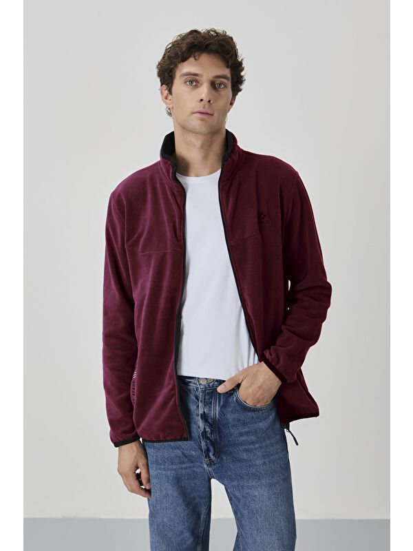 Tommylife Erguvan Yazı Nakışlı Dik Yaka  Standart Kalıp Erkek Fermuarlı Sweatshirt Hırka Polar - 87992