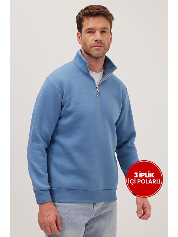 TUDORS Unisex Relax Fit Rahat Kesim Pamuklu İçi Polarlı Yarım Fermuarlı Petrol Mavi Dik Yaka Sweatshirt