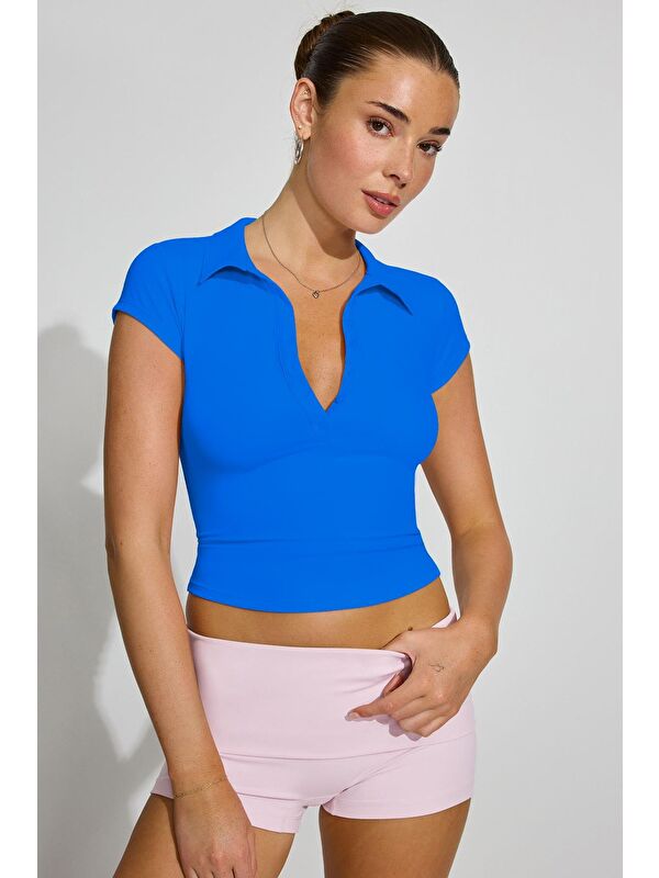 Madmext Mavi Polo Yaka Basic Kadın Tişört Mg2455