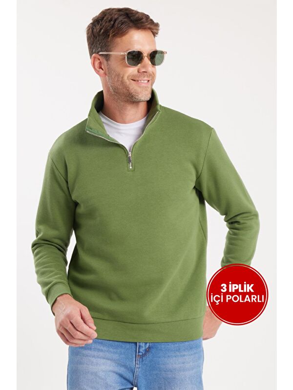 TUDORS Unisex Relax Fit Rahat Kesim Pamuklu İçi Polarlı Yarım Fermuarlı Yeşil Dik Yaka Sweatshirt
