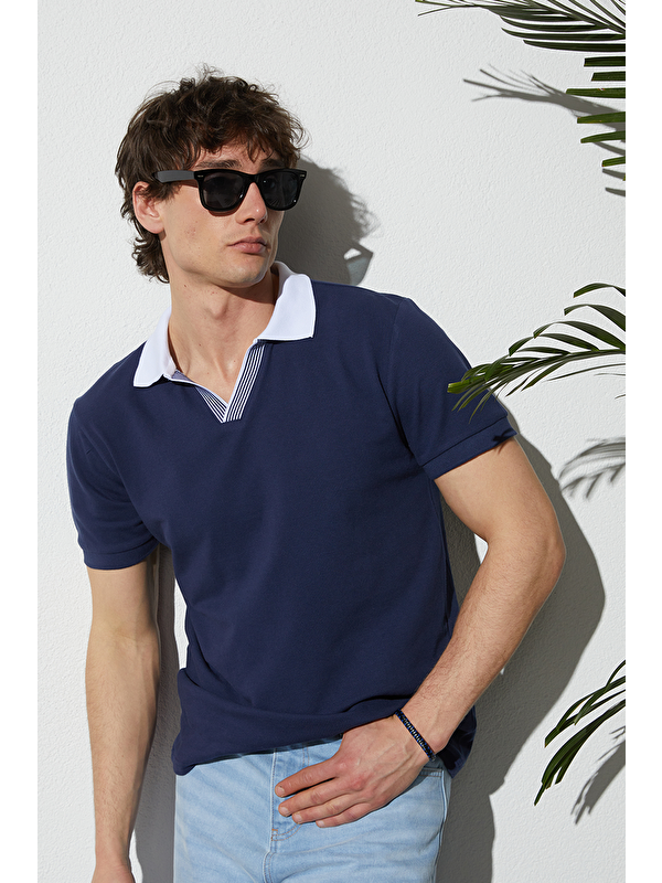 TUDORS Erkek Slim Fit Dar Kesim %100 Pamuk Lacivert Polo Yaka Tişört